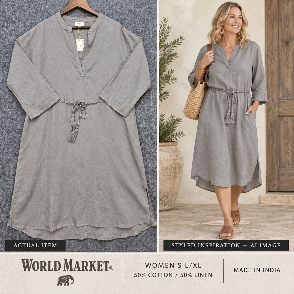 World Market Linen Blend Tunic Dress Gray V-Neck Tassel Rope Tie Kaftan L/XL NWT